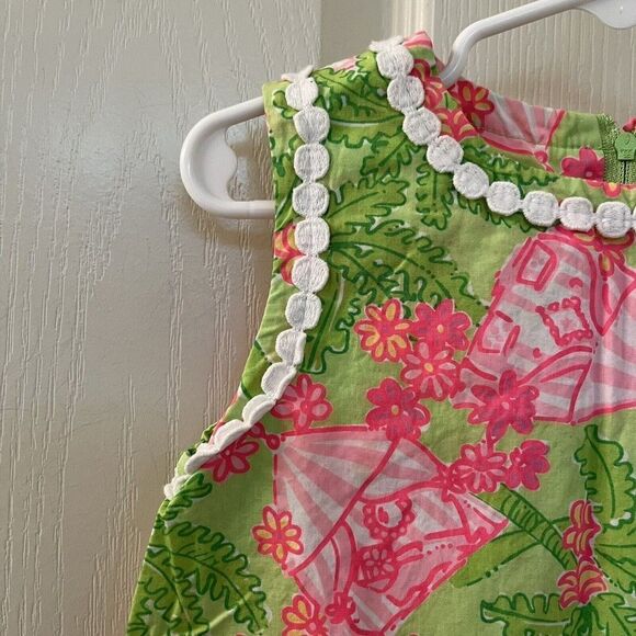 Lilly Pulitzer Shift Dress Palm Trees Floral Tents Pink Green Girls Size 5 - Picture 7 of 15